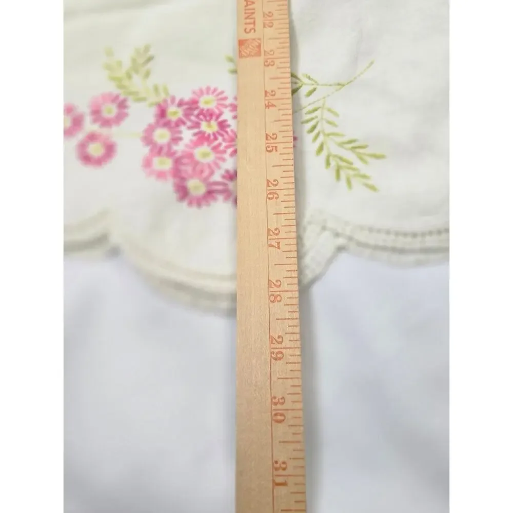 Vintage Hand Embroidered Pillowcase Scalloped Hem Cottagecore Farmhouse Floral